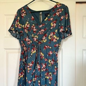 Teal Ruched Skater Dress with Flowers size S